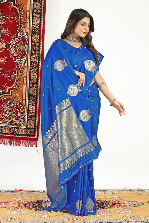 VastraLakshmi Flaunt Blue Banarasi Silk Saree With Sizzling Blouse Piece