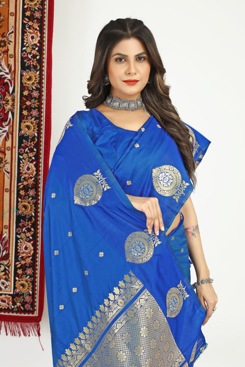 VastraLakshmi Flaunt Blue Banarasi Silk Saree With Sizzling Blouse Piece