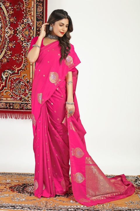 VastraLakshmi Wonderful Dark Pink Banarasi Silk Saree With Mesmerising Blouse Piece