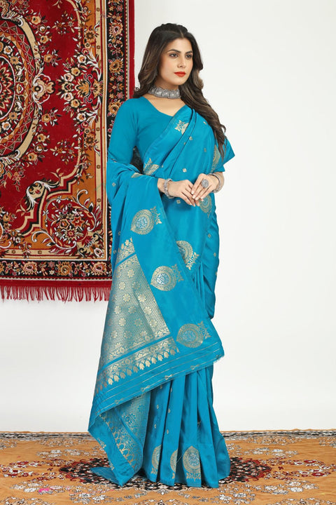 VastraLakshmi Capricious Firozi Banarasi Silk Saree With Unique Blouse Piece