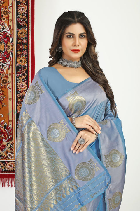 VastraLakshmi Glowing Grey Banarasi Silk Saree With Pleasurable Blouse Piece