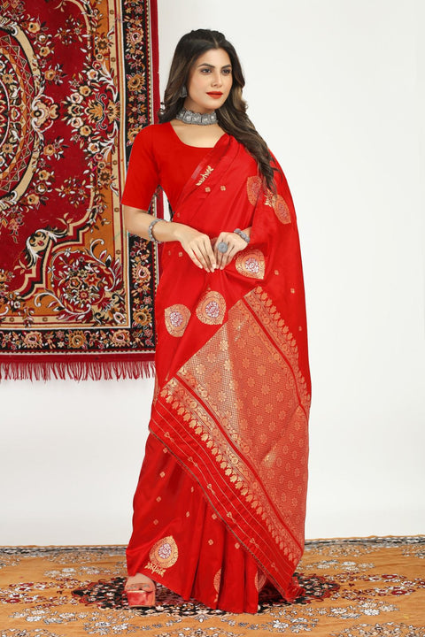 VastraLakshmi Desiring Red Banarasi Silk Saree With Appealing Blouse Piece