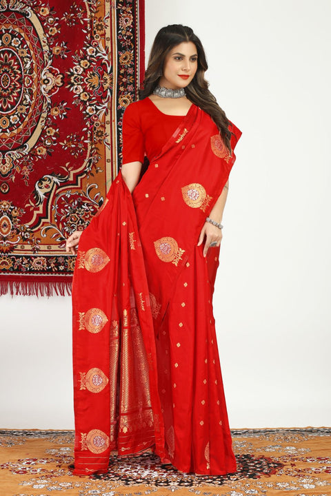 VastraLakshmi Desiring Red Banarasi Silk Saree With Appealing Blouse Piece