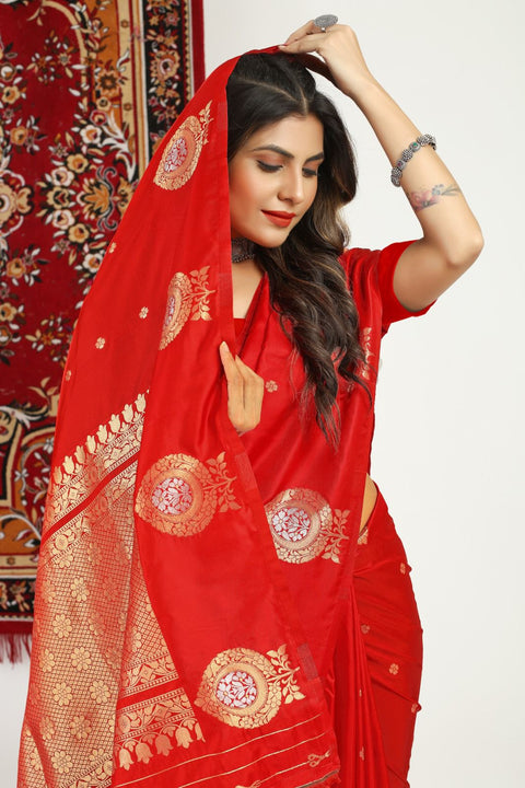 VastraLakshmi Desiring Red Banarasi Silk Saree With Appealing Blouse Piece