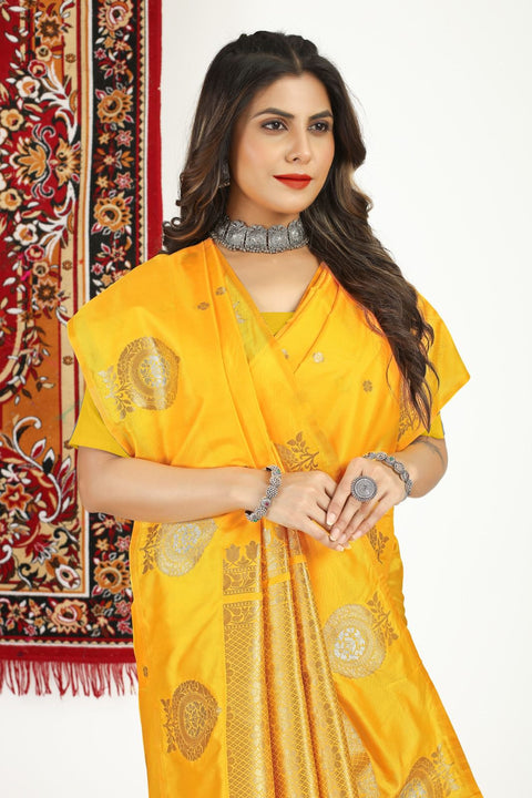 VastraLakshmi Breathtaking Yellow Banarasi Silk Saree With Arresting Blouse Piece