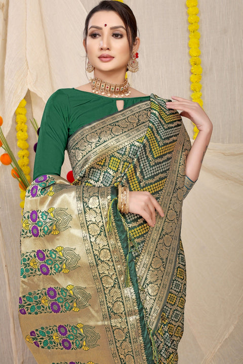 VastraLakshmi Propinquity Dark Green Soft Banarasi Silk Saree With Beautiful Blouse Piece