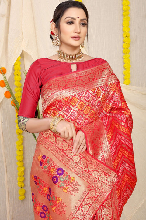 VastraLakshmi Luminous Red Soft Banarasi Silk Saree With Beautiful Blouse Piece