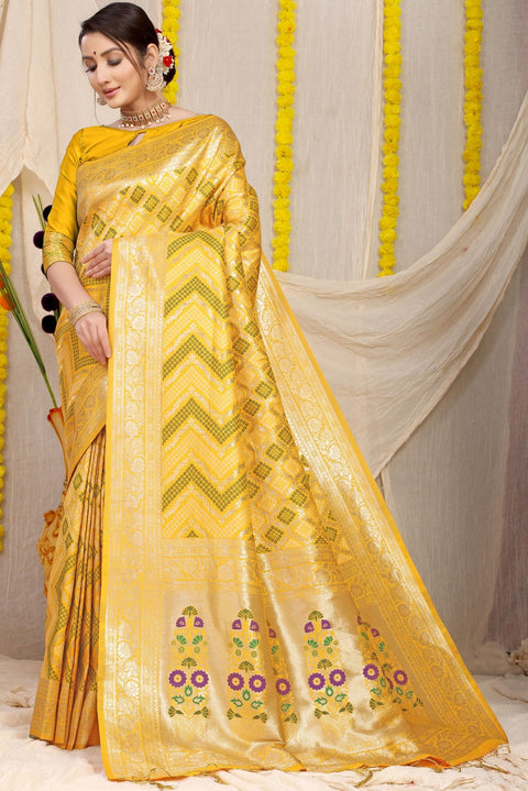 VastraLakshmi Imbrication Yellow Soft Banarasi Silk Saree With Beautiful Blouse Piece