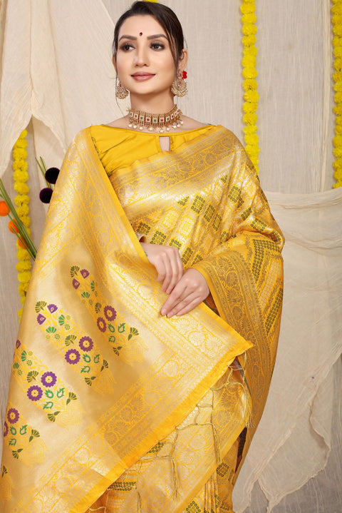 VastraLakshmi Imbrication Yellow Soft Banarasi Silk Saree With Beautiful Blouse Piece