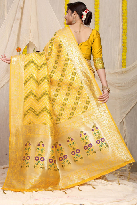 VastraLakshmi Imbrication Yellow Soft Banarasi Silk Saree With Beautiful Blouse Piece