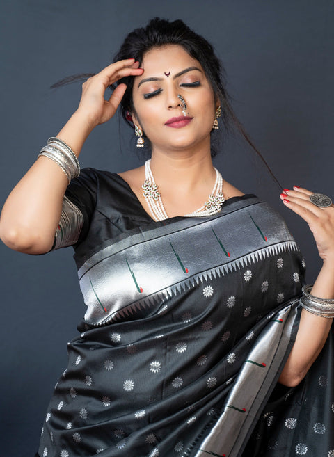 VastraLakshmi Precious Black Paithani Silk Saree With Magnetic Blouse Piece