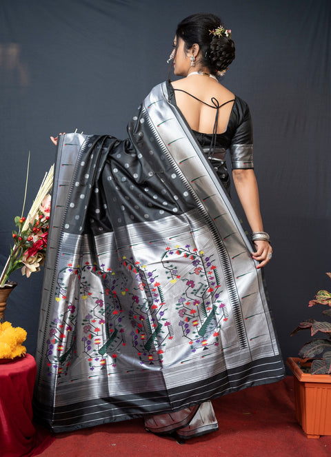 VastraLakshmi Precious Black Paithani Silk Saree With Magnetic Blouse Piece