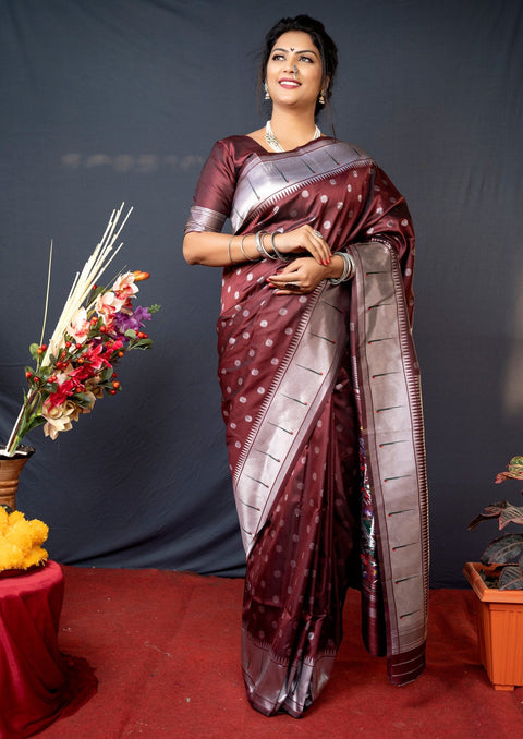 VastraLakshmi Lovely Brown Paithani Silk Saree With Magnetic Blouse Piece