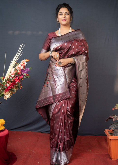 VastraLakshmi Lovely Brown Paithani Silk Saree With Magnetic Blouse Piece