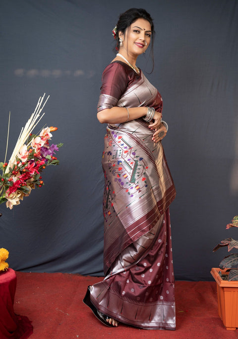 VastraLakshmi Lovely Brown Paithani Silk Saree With Magnetic Blouse Piece