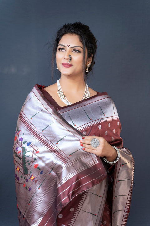 VastraLakshmi Lovely Brown Paithani Silk Saree With Magnetic Blouse Piece