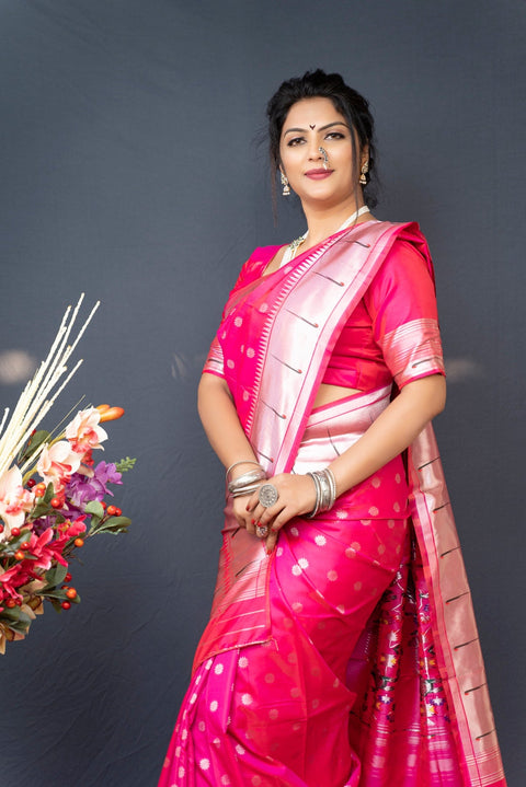 VastraLakshmi Extraordinary Dark Pink Paithani Silk Saree With Magnetic Blouse Piece