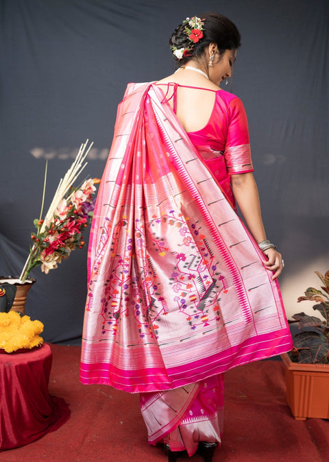 VastraLakshmi Extraordinary Dark Pink Paithani Silk Saree With Magnetic Blouse Piece