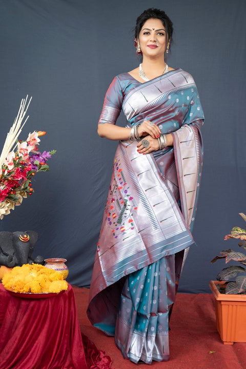 VastraLakshmi Amazing Grey Paithani Silk Saree With Magnetic Blouse Piece