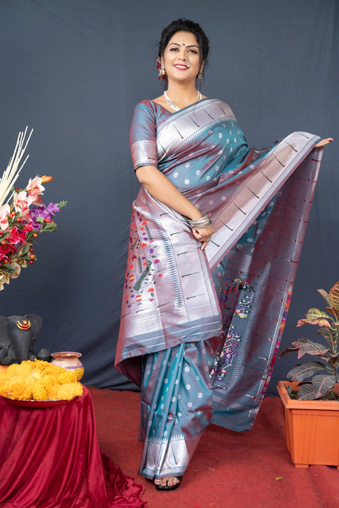 VastraLakshmi Amazing Grey Paithani Silk Saree With Magnetic Blouse Piece