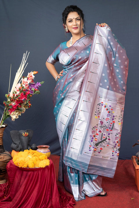 VastraLakshmi Amazing Grey Paithani Silk Saree With Magnetic Blouse Piece