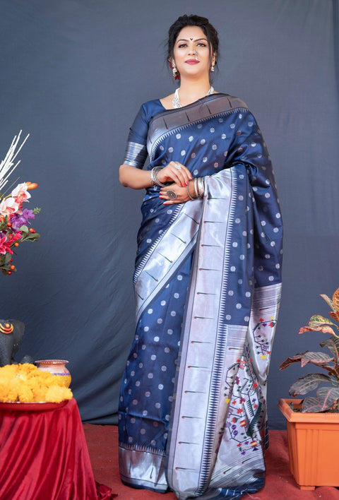 VastraLakshmi Classy Navy Blue Paithani Silk Saree With Magnetic Blouse Piece