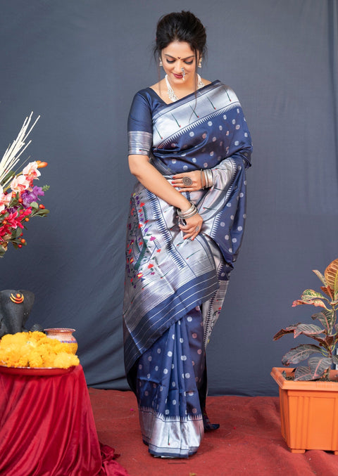 VastraLakshmi Classy Navy Blue Paithani Silk Saree With Magnetic Blouse Piece