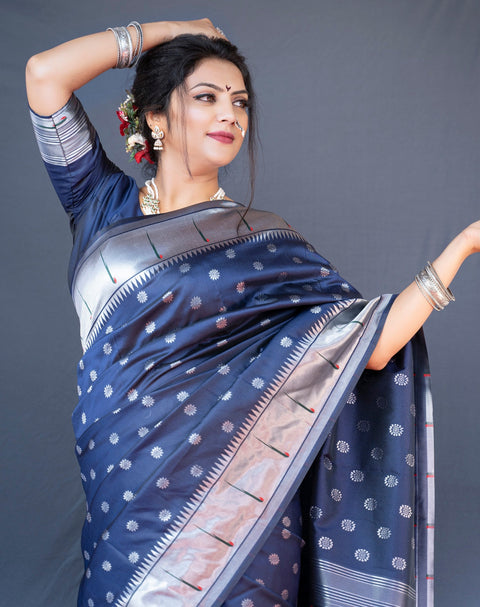 VastraLakshmi Classy Navy Blue Paithani Silk Saree With Magnetic Blouse Piece