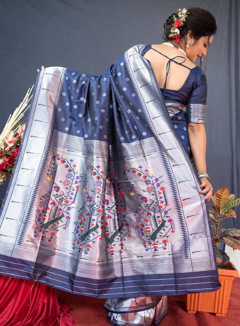 VastraLakshmi Classy Navy Blue Paithani Silk Saree With Magnetic Blouse Piece