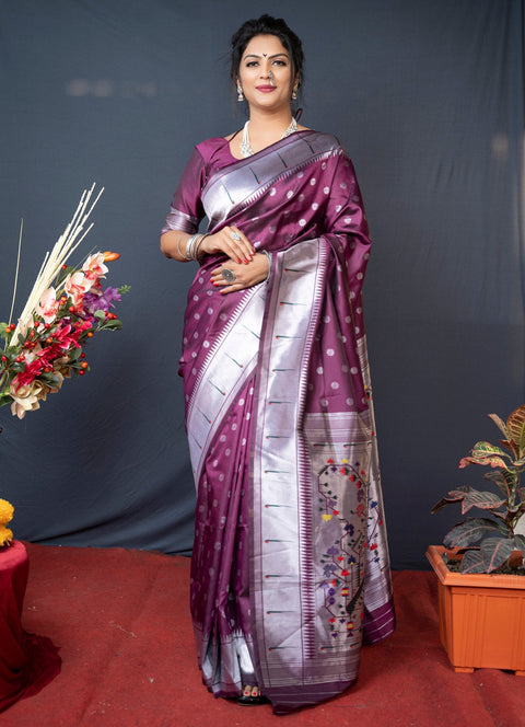 VastraLakshmi Flattering Purple Paithani Silk Saree With Magnetic Blouse Piece