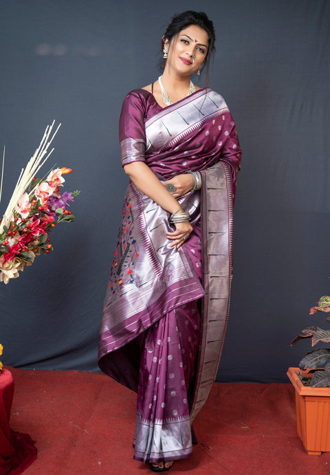 VastraLakshmi Flattering Purple Paithani Silk Saree With Magnetic Blouse Piece