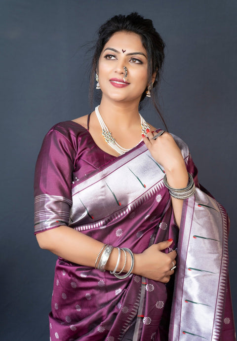 VastraLakshmi Flattering Purple Paithani Silk Saree With Magnetic Blouse Piece