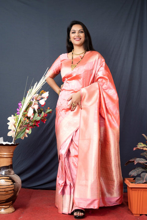 VastraLakshmi Elegant Baby Pink Banarasi Silk Saree With Pretty Blouse Piece