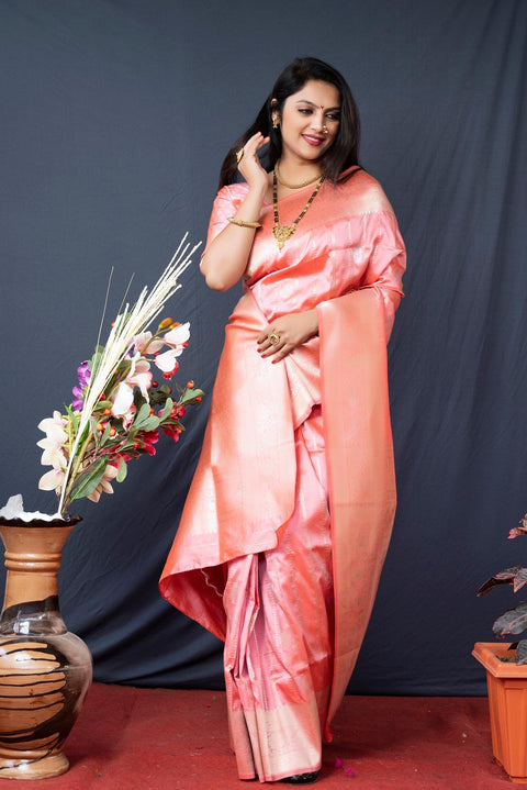 VastraLakshmi Elegant Baby Pink Banarasi Silk Saree With Pretty Blouse Piece