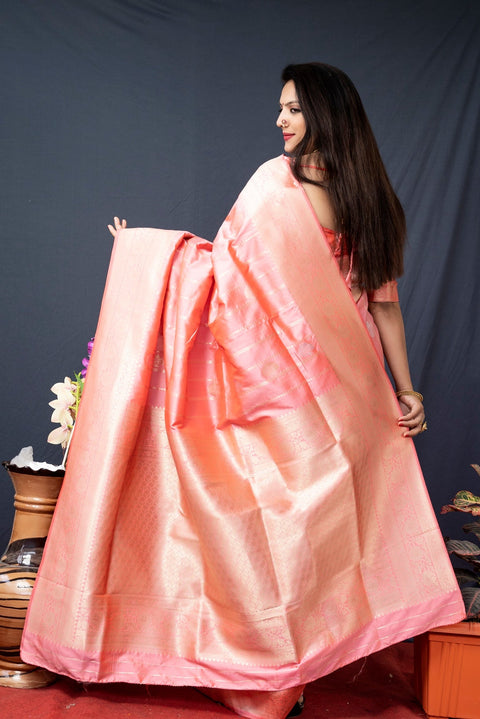 VastraLakshmi Elegant Baby Pink Banarasi Silk Saree With Pretty Blouse Piece