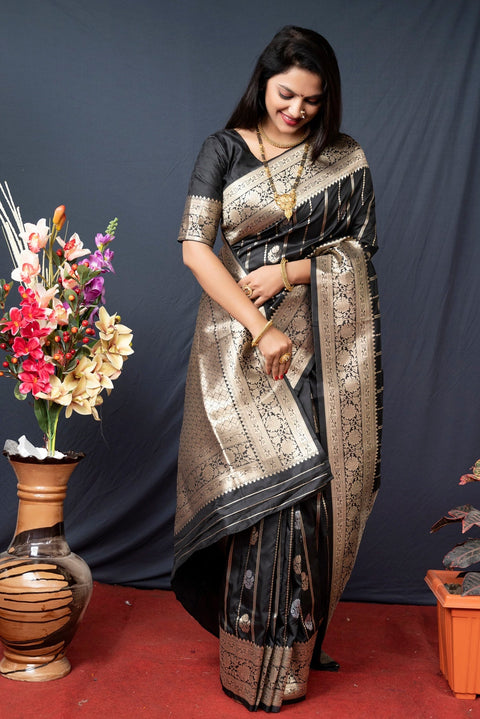 VastraLakshmi Extraordinary Black Banarasi Silk Saree With Pretty Blouse Piece