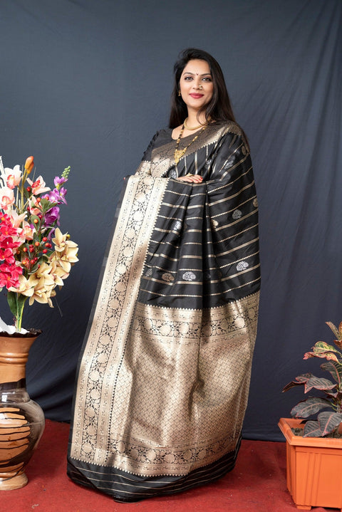 VastraLakshmi Extraordinary Black Banarasi Silk Saree With Pretty Blouse Piece