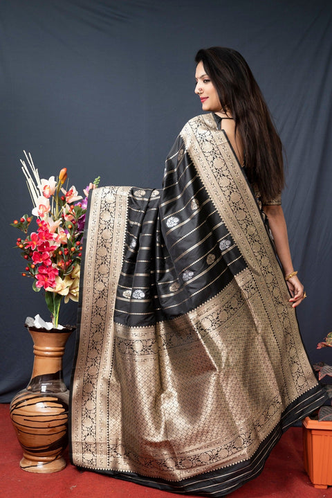 VastraLakshmi Extraordinary Black Banarasi Silk Saree With Pretty Blouse Piece