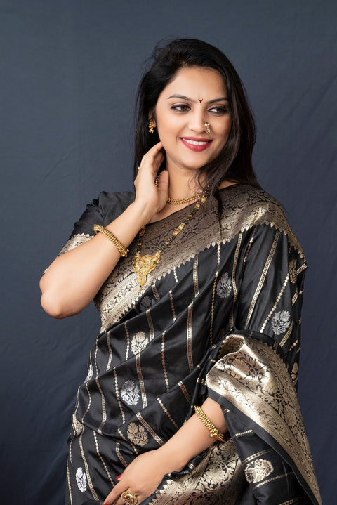 VastraLakshmi Extraordinary Black Banarasi Silk Saree With Pretty Blouse Piece