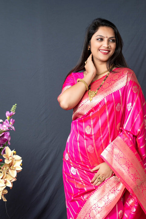 VastraLakshmi Energetic Dark Pink Banarasi Silk Saree With Pretty Blouse Piece