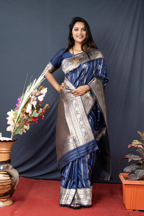 VastraLakshmi Gleaming Navy Blue Banarasi Silk Saree With Pretty Blouse Piece