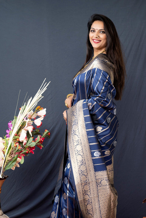 VastraLakshmi Gleaming Navy Blue Banarasi Silk Saree With Pretty Blouse Piece