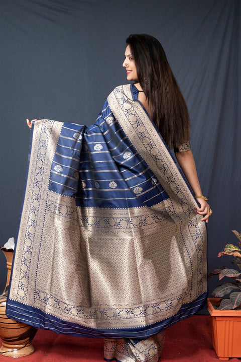 VastraLakshmi Gleaming Navy Blue Banarasi Silk Saree With Pretty Blouse Piece