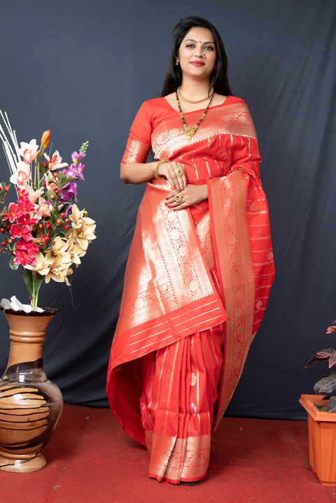 VastraLakshmi Flaunt Red Banarasi Silk Saree With Pretty Blouse Piece