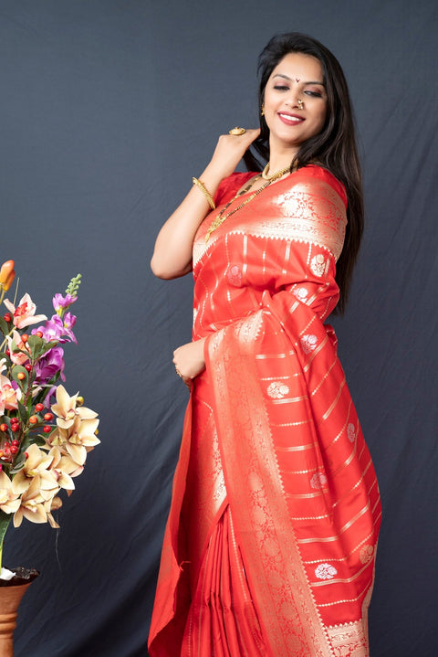 VastraLakshmi Flaunt Red Banarasi Silk Saree With Pretty Blouse Piece