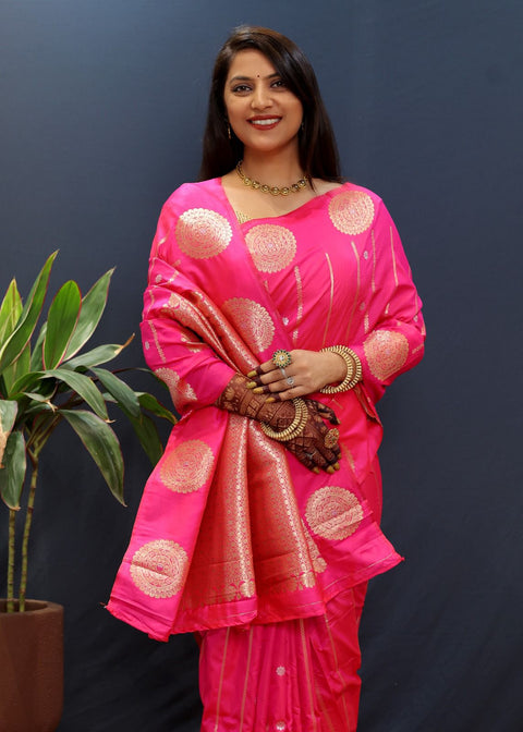 VastraLakshmi Sempiternal Dark Pink Soft Banarasi Silk Saree With Evocative Blouse Piece