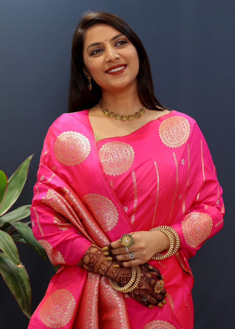 VastraLakshmi Sempiternal Dark Pink Soft Banarasi Silk Saree With Evocative Blouse Piece