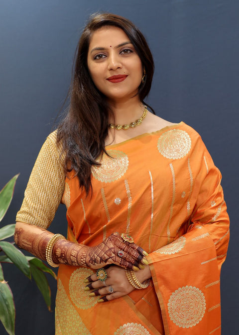 VastraLakshmi Desuetude Orange Soft Banarasi Silk Saree With Ailurophile Blouse Piece