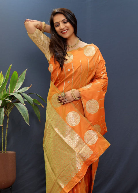 VastraLakshmi Desuetude Orange Soft Banarasi Silk Saree With Ailurophile Blouse Piece