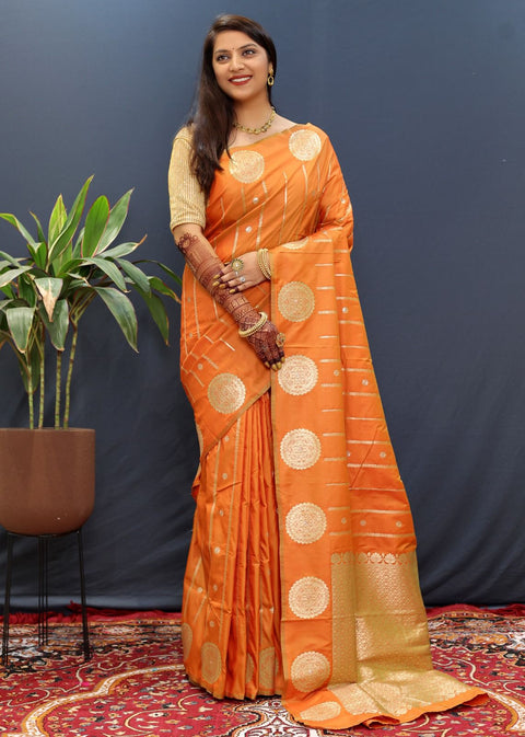 VastraLakshmi Desuetude Orange Soft Banarasi Silk Saree With Ailurophile Blouse Piece